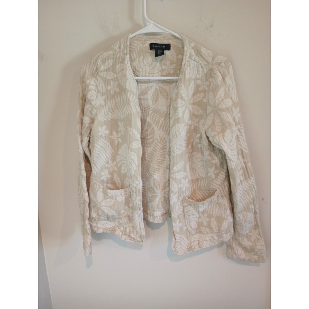 Tahari Linen Blend Quilted Floral Jacket Womens Small Open Front Cream Beige...